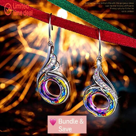 Sterling Silver Dangle Earrings with Austrian Crystals, Phoenix Symbol - Picture 4 of 8